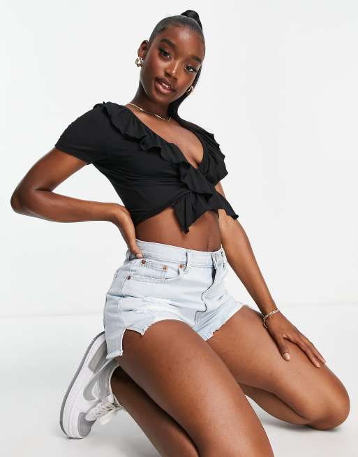 トップス n.k atelier Lingerie Combo Top Night Addict - T-shirt crop top à volants et lanières - Noir | ASOS