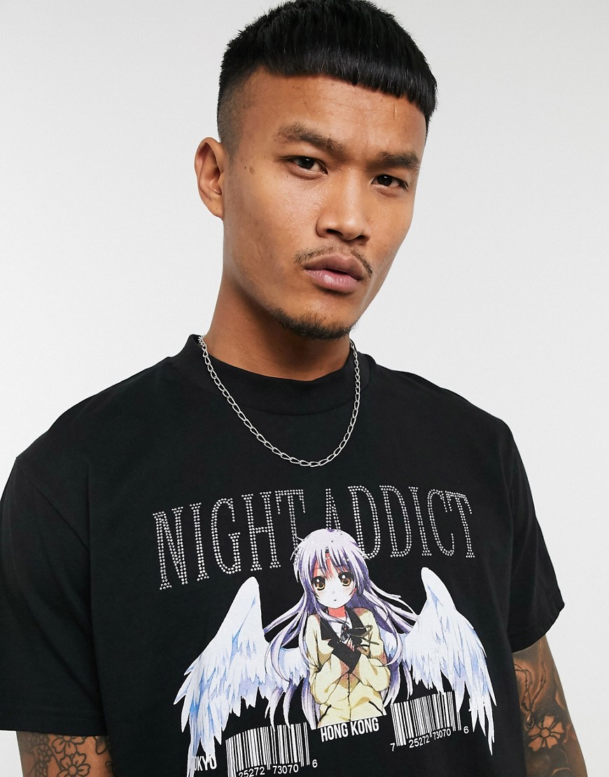 Night Addict - T-shirt oversize con stampa anime Kayla con strass-Nero