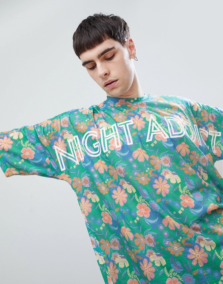 Night Addict – Übergroßes, Bedrucktes T-Shirt- Grün XS