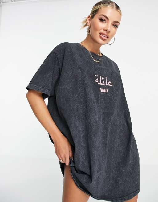 Night Addict - Vestito T-shirt oversize nero slavato con scritta 