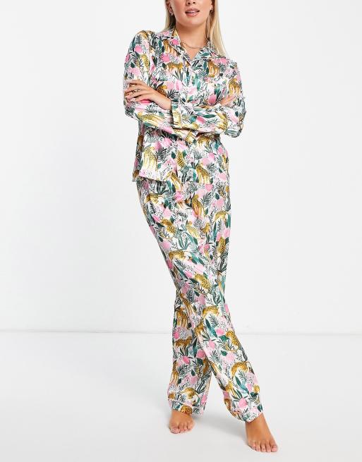 Night - Ensemble de pyjama en satin à motif roses et léopard