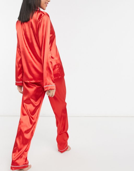 Pyjama en satin rouge pantalon + chemiser