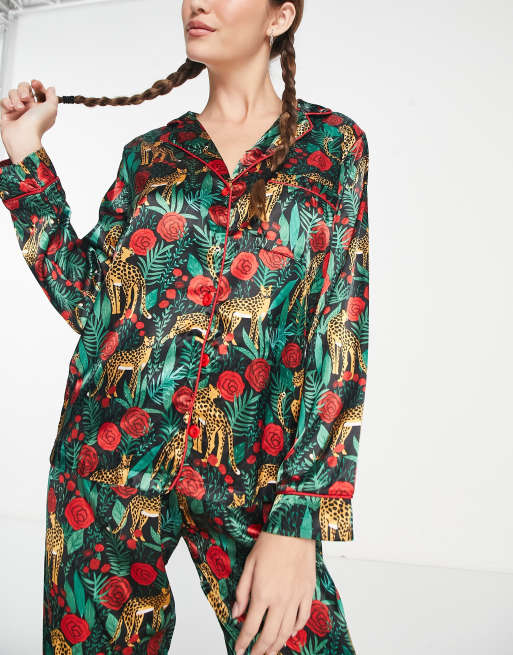 Night - Ensemble pyjama en tissu satiné à imprimé léopard et rose sauvage - Vert forêt, 2 de 4