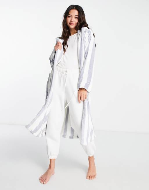 Night - Fleece badjas in grijs en wit gestreept