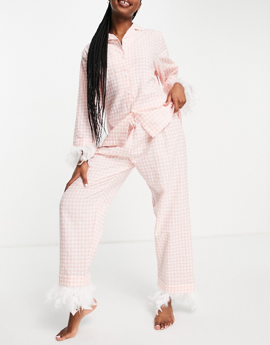 Night gingham long pyjama set with detachable feather trims in white/pink