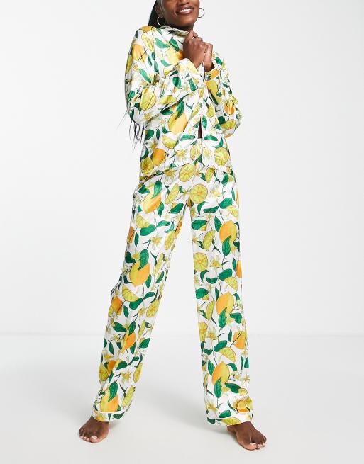 Night lemon print satin pajama shirt and pants set in yellow