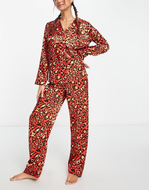 Night long satin pyjama set in red leopard print | ASOS