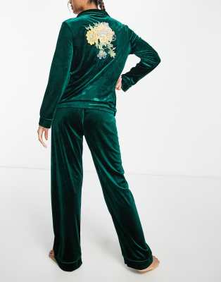 NIGHT Night long velvet pyjama set with embroidered back detail in forest green