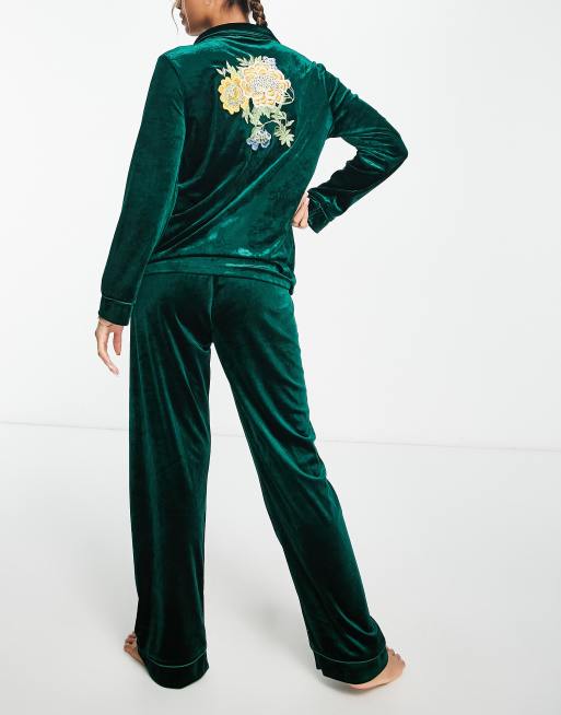 Night long velvet pyjama set with embroidered back detail in forest green