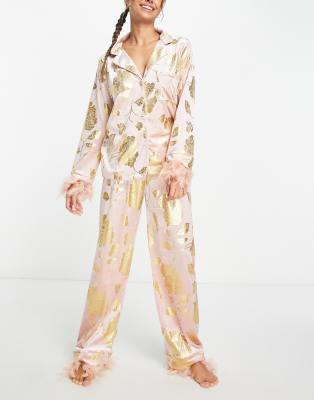 Night long velvet pyjama set with faux feather trim in rose gold floral - ASOS Price Checker