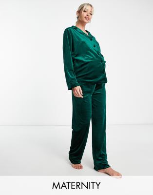 Night Maternity - Langes Pyjama-Set aus Samt in Waldgrün mit aufgesticktem Detail auf dem Rücken