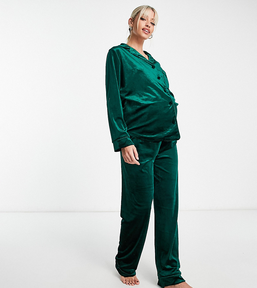 Night Maternity long velvet pyjama set with embroidered back detail in forest green