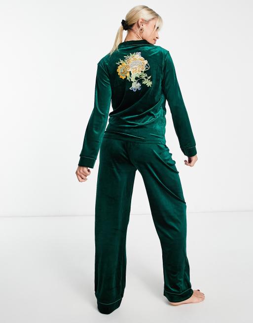 Night Maternity long velvet pyjama set with embroidered back detail in  forest green