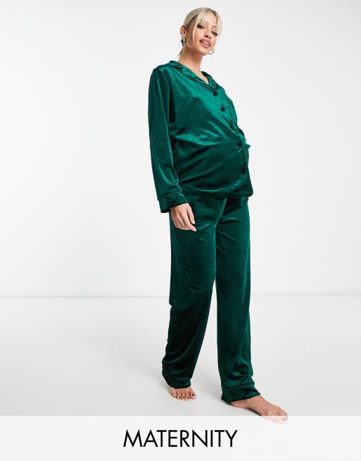 Night Maternity - Pigiama lungo in velluto verde bosco con dettaglio ricamato sul retro