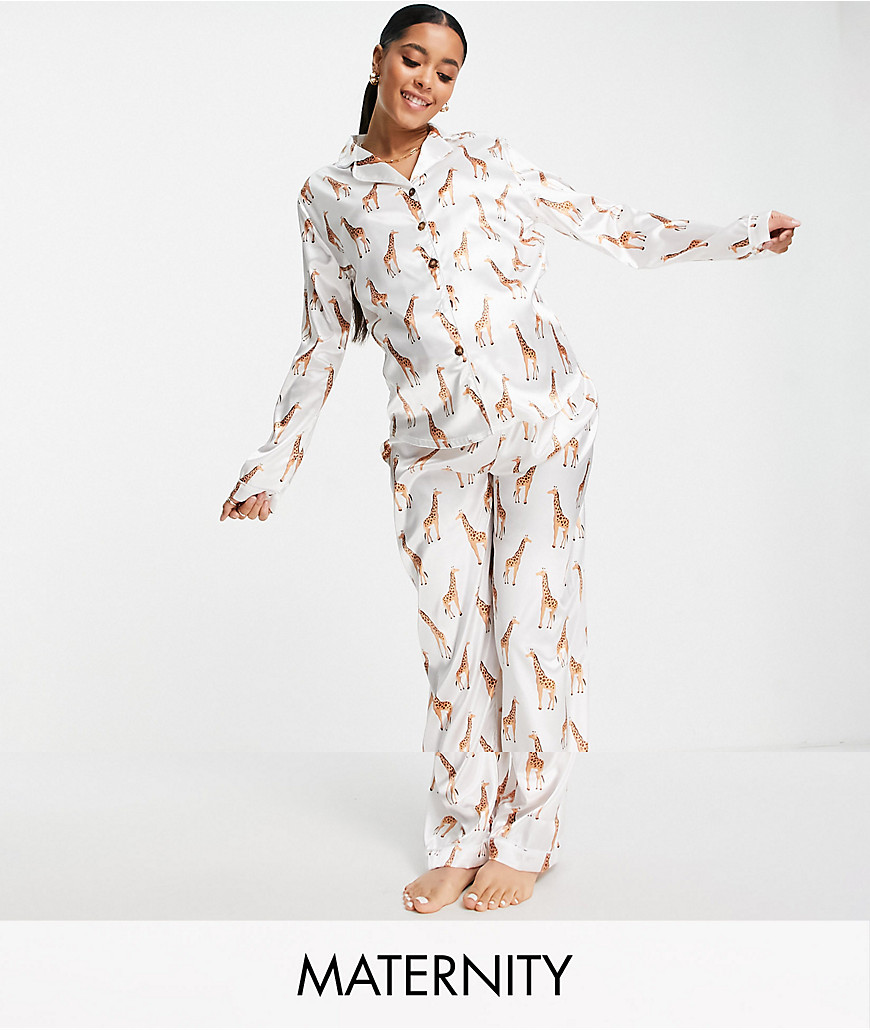 Night Maternity Satin Giraffe Print Pajama Pants And Top Set-white