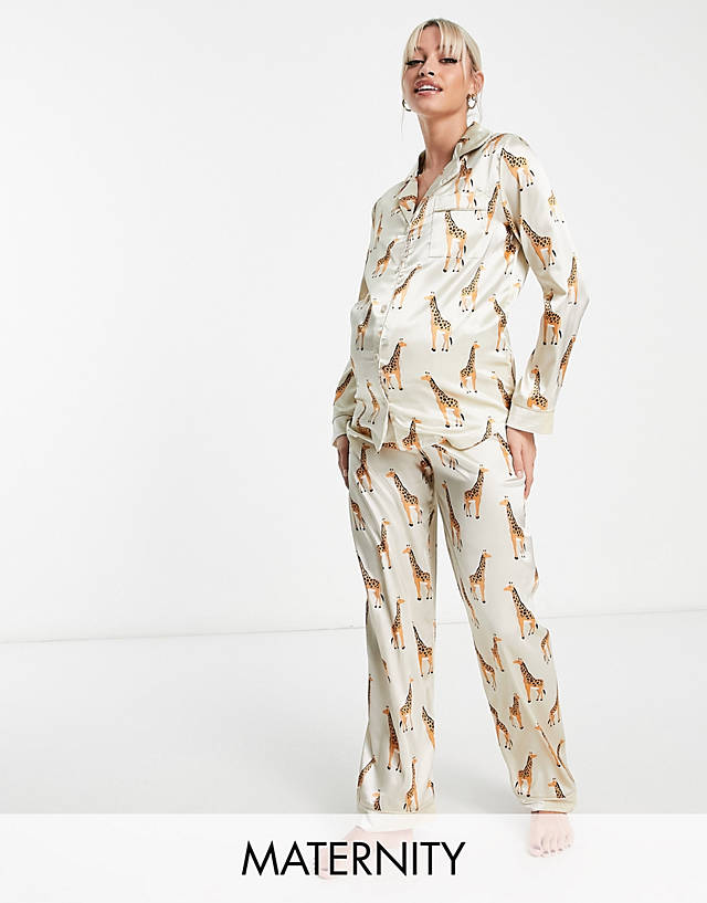 NIGHT - maternity satin giraffe print pyjama set with velvet cuff in stone