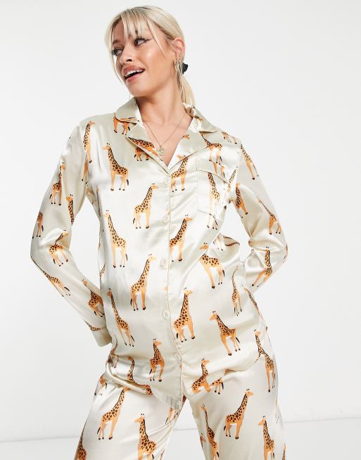 Night Maternity satin giraffe print pyjama set with velvet cuff in stone, 2 of 4