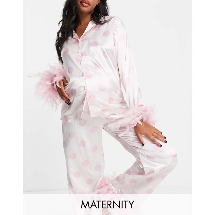 Dreamiest Delight Light Pink Satin Feather Two-Piece Pajama Set