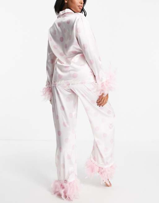 Night Maternity satin pyjamas with detachable faux feather trim in cream and pink spot, 2 of 4