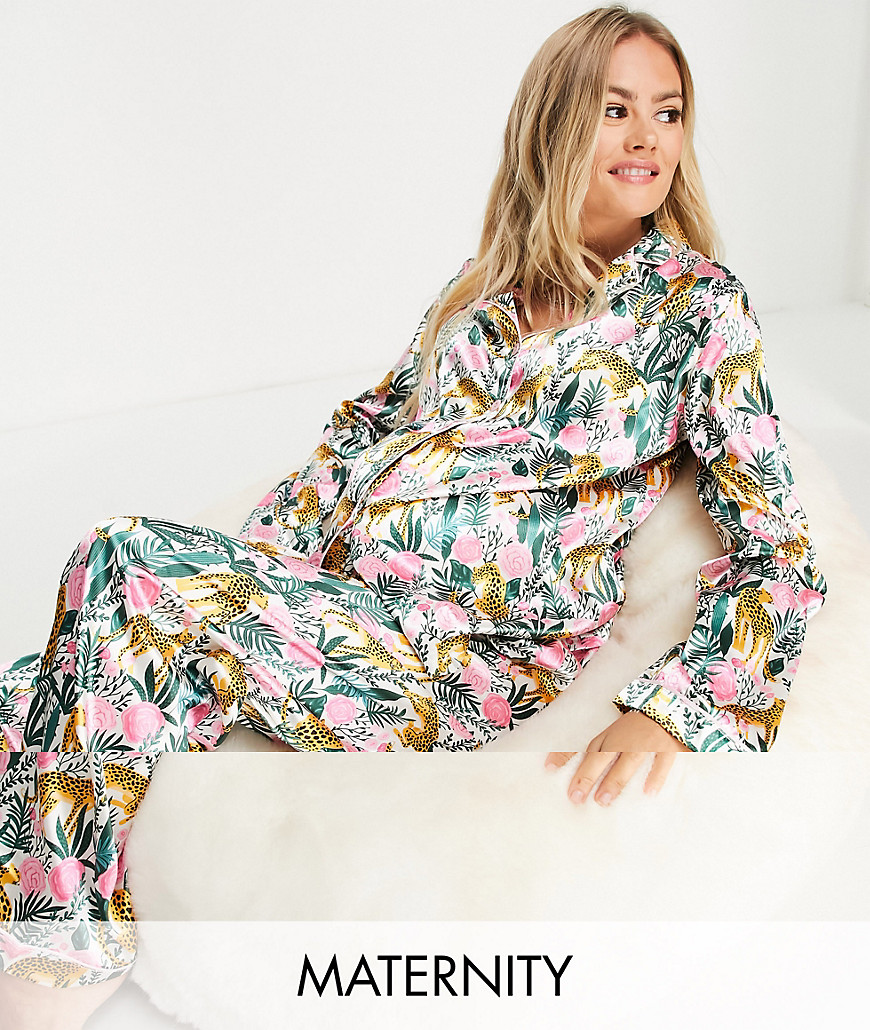Night Maternity satin rose & leopard print pajama set-Multi