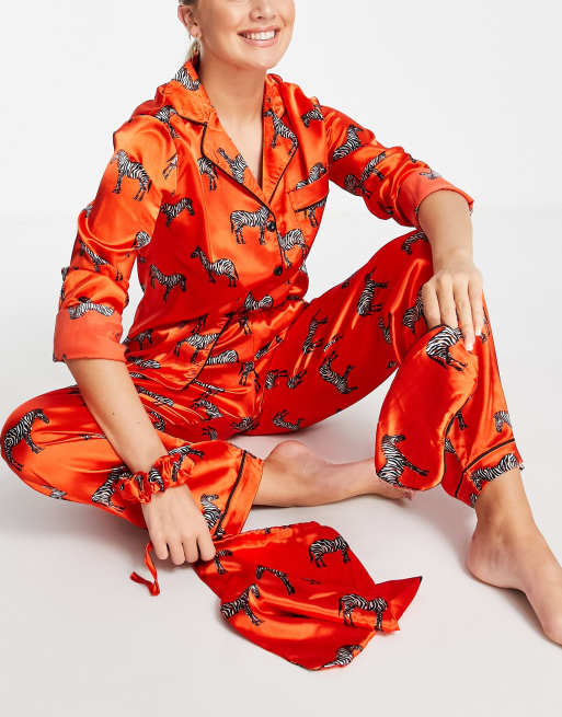 Red Floral Satin Pyjamas With Contrast Trim