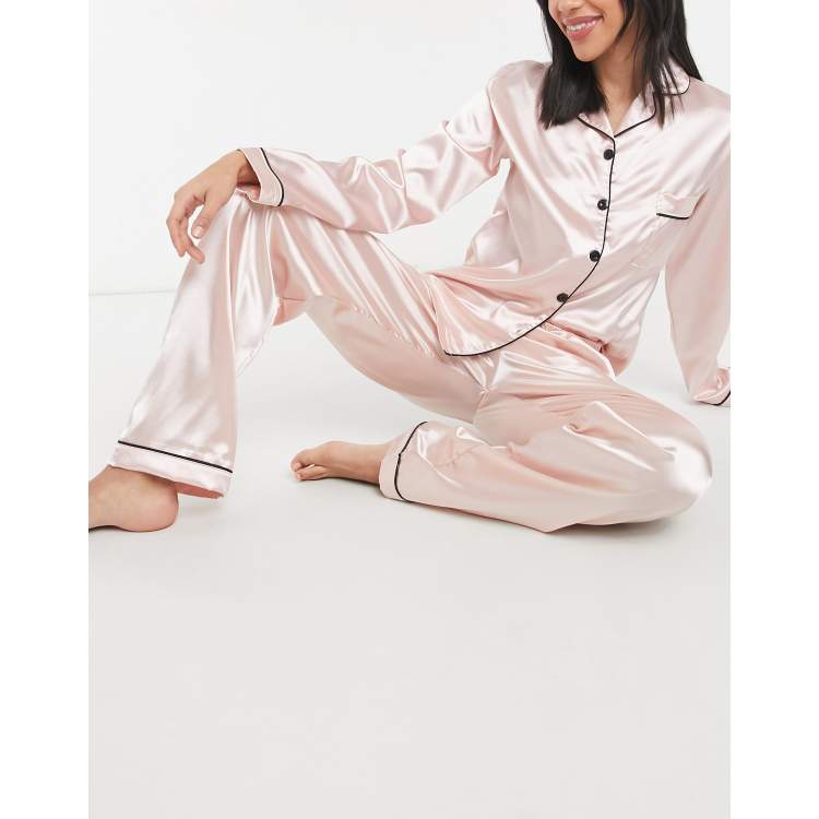 Ladies pink satin pyjamas hot sale