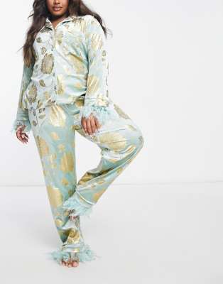 Night Plus long velvet pyjama set with faux feather trim in mint and gold floral - ASOS Price Checker