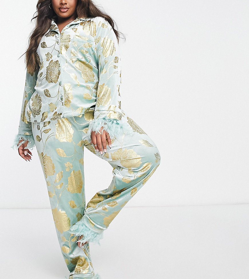 Night Plus Long Velvet Pyjama Set With Faux Feather Trim In Mint And Gold Floral-Green