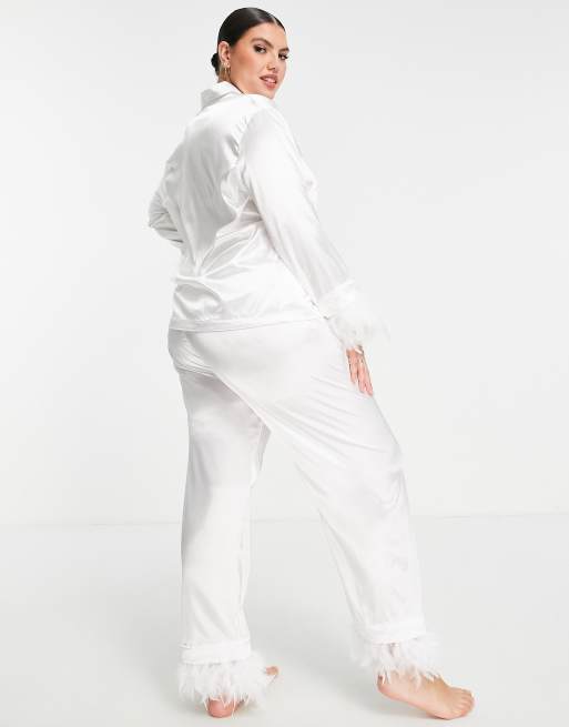 Fung Collection White Satin Feathered Pajama Set XXL