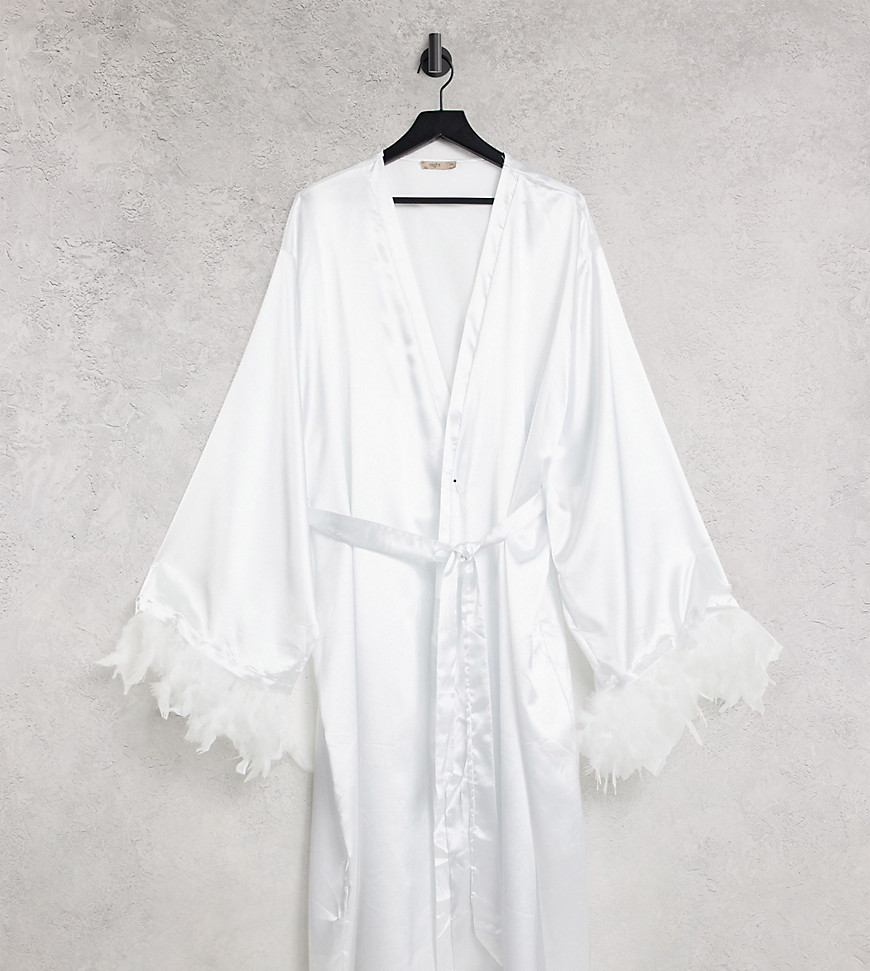 Night Plus satin robe with detachable faux feather trim in white