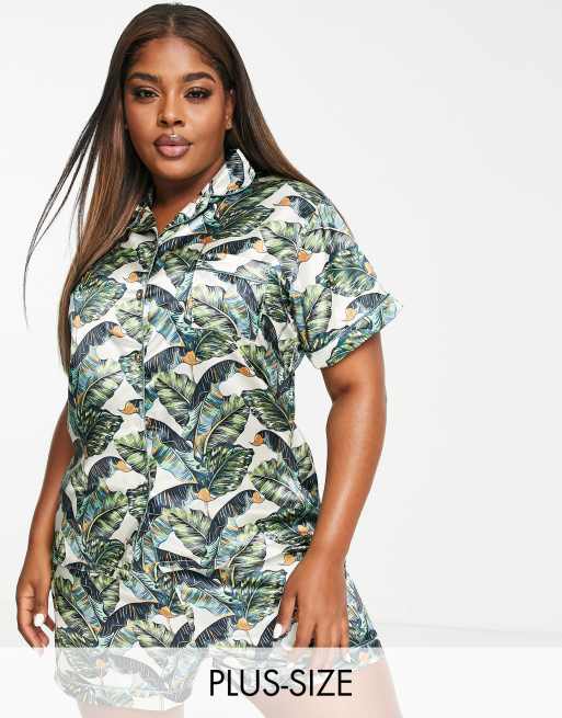 Night Plus tropical print pyjama shirt and shorts set in green ASOS