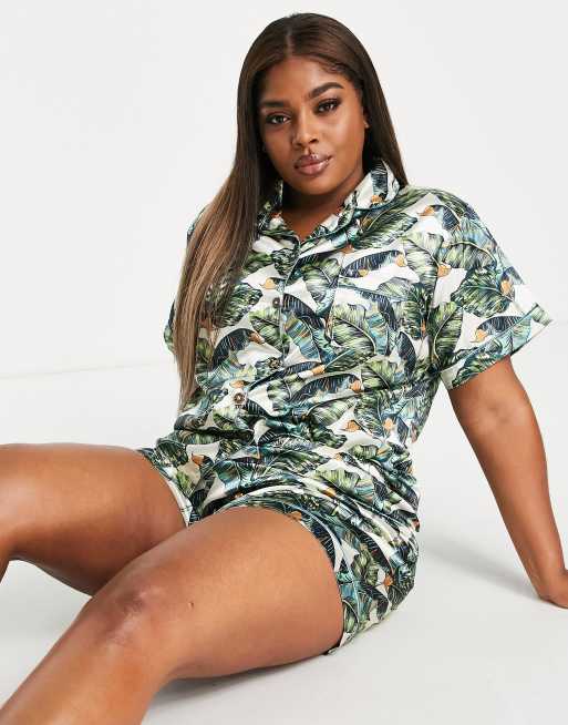 Night Plus tropical print pyjama shirt and shorts set in green ASOS