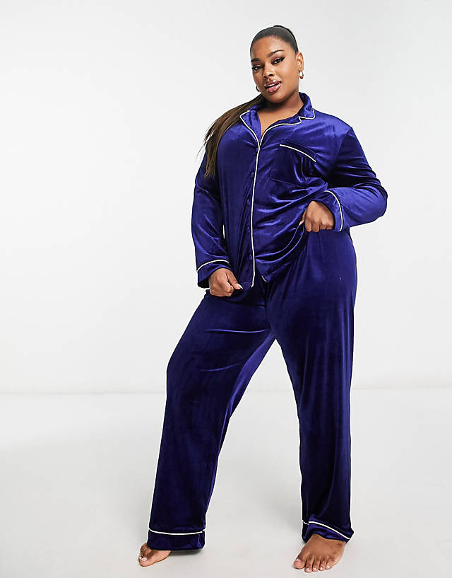 NIGHT - plus velvet long pyjama set with contrast piping in sapphire blue