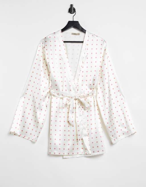 Night polka dot satin mini robe in pink and cream | ASOS