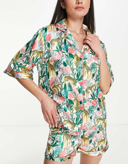 Night - Pyjama avec short en satin avec imprimé roses et léopards - Corail multicolore
