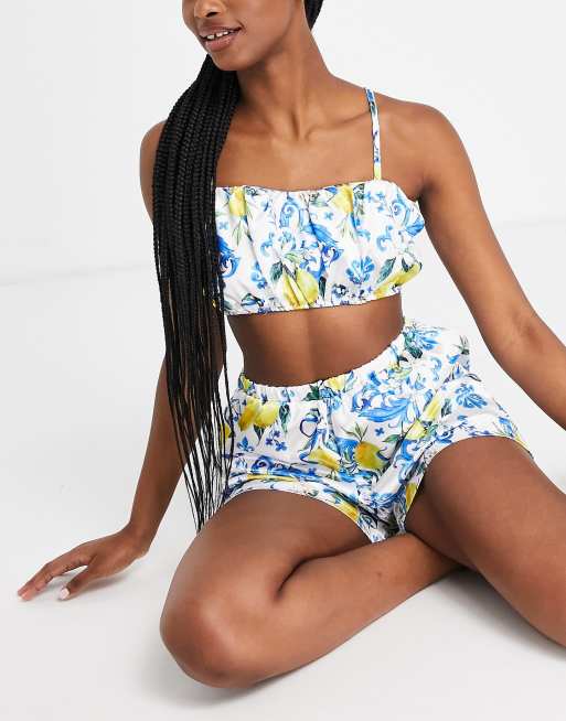 Night - Pyjamaset met crop top en short met citroenprint in wit