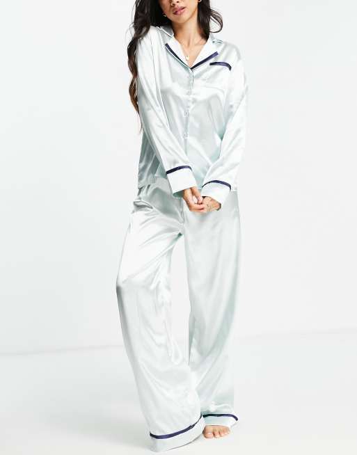 Night revere collar satin pajama shirt and pants set in pistachio green and navy piping