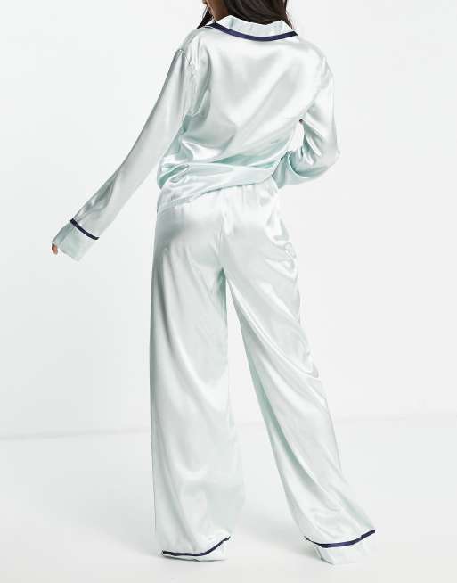 Night revere collar satin pajama shirt and pants set in pistachio green and  navy piping