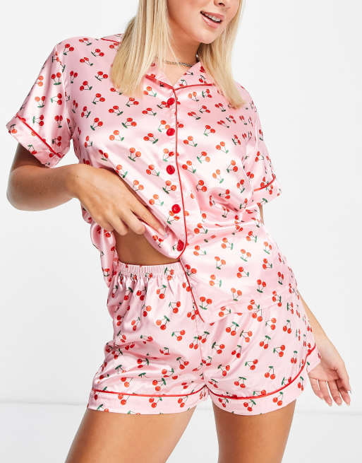 Night satin cherry print short sleeve pajama set in pink ASOS