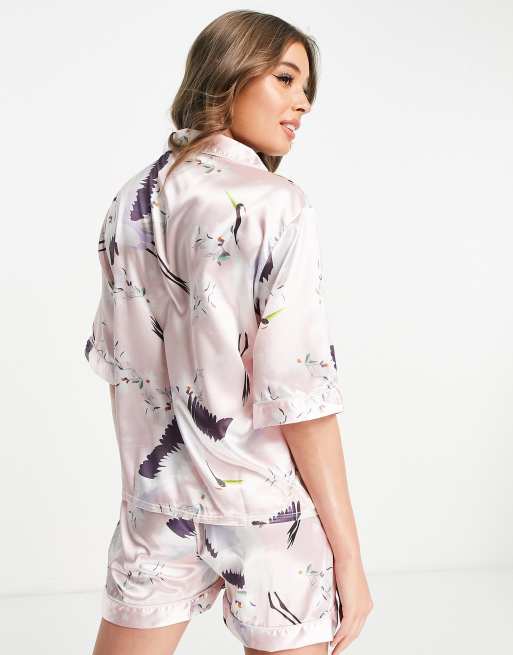 Night satin crane short pyjamas in pink | ASOS