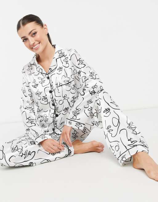 Night satin long pajama set in abstract face print