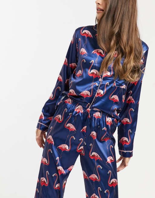 Night satin long pajama set with flamingo print in navy