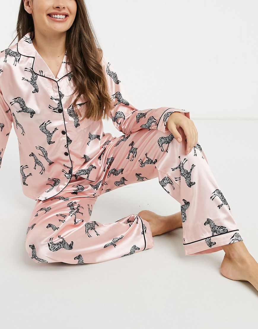 Night satin long pajama set with zebra print in light pink