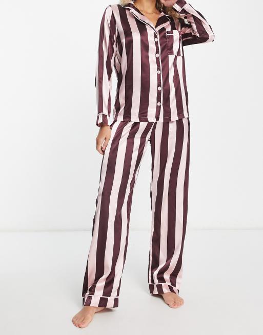 ASOS DESIGN satin stripe shirt & pants pajama set in pink & red