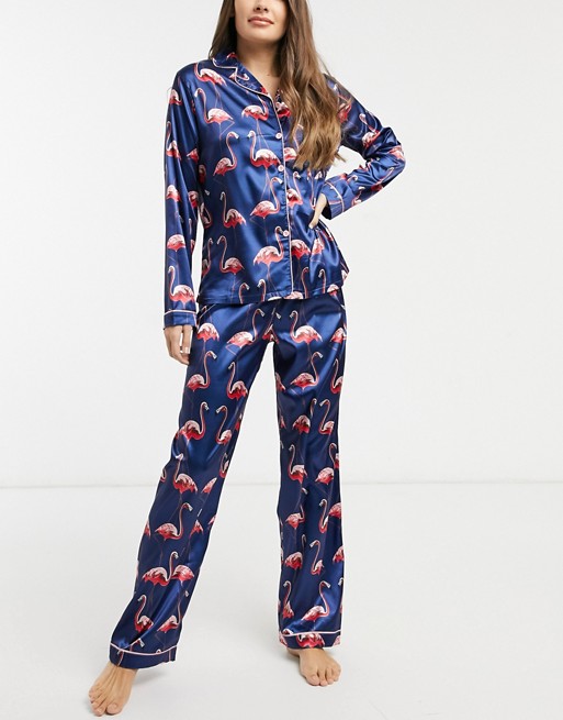 Night satin long pyjama set with flamingo print in navy