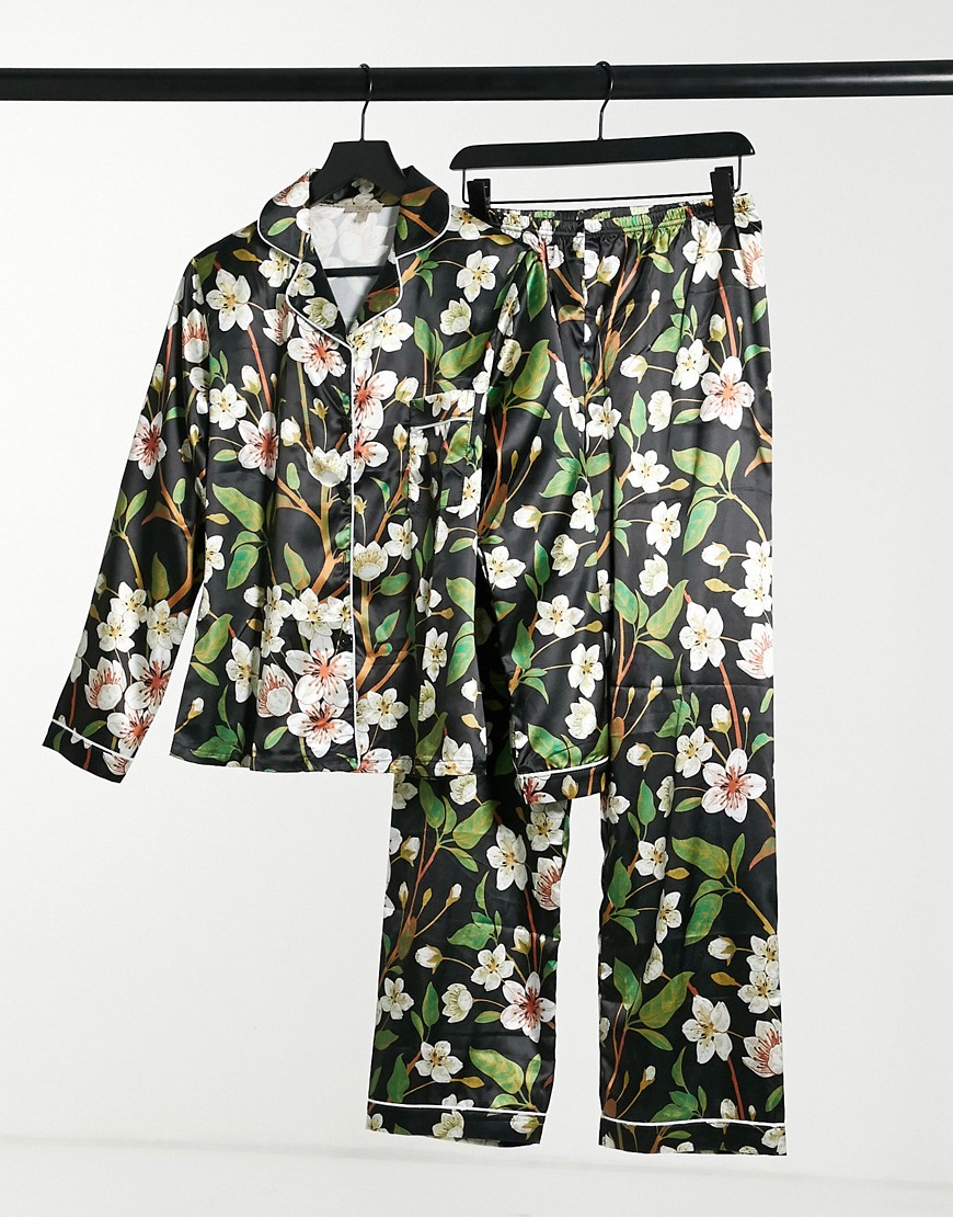 Night satin long pyjama set with orchid print in black