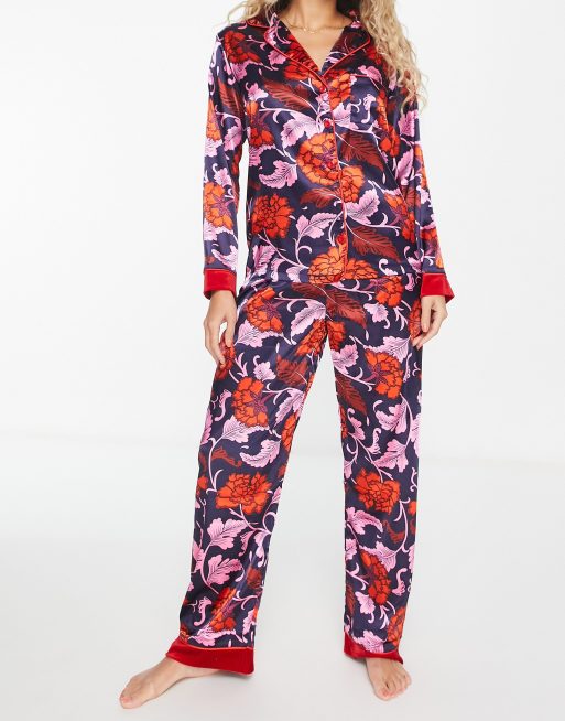 Night satin long pyjamas with velvet cuffs in baroque floral | ASOS