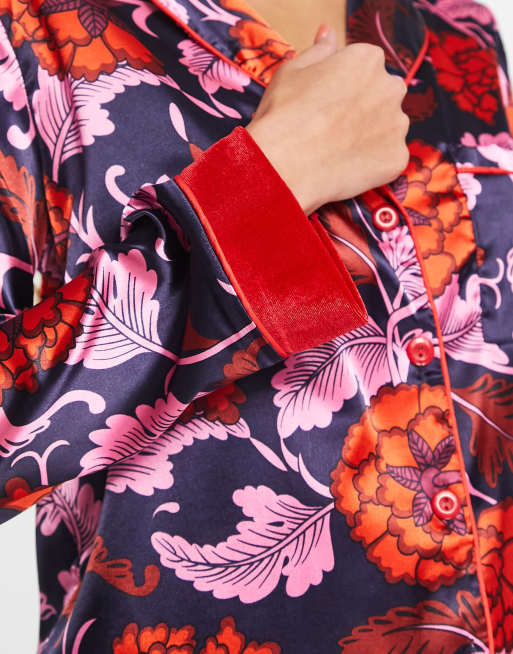 Night satin long pyjamas with velvet cuffs in baroque floral | ASOS