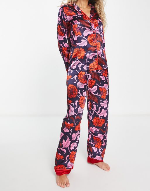 Night satin long pyjamas with velvet cuffs in baroque floral | ASOS