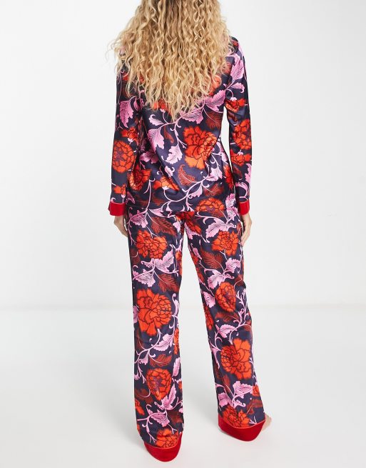 Night satin long pyjamas with velvet cuffs in baroque floral | ASOS